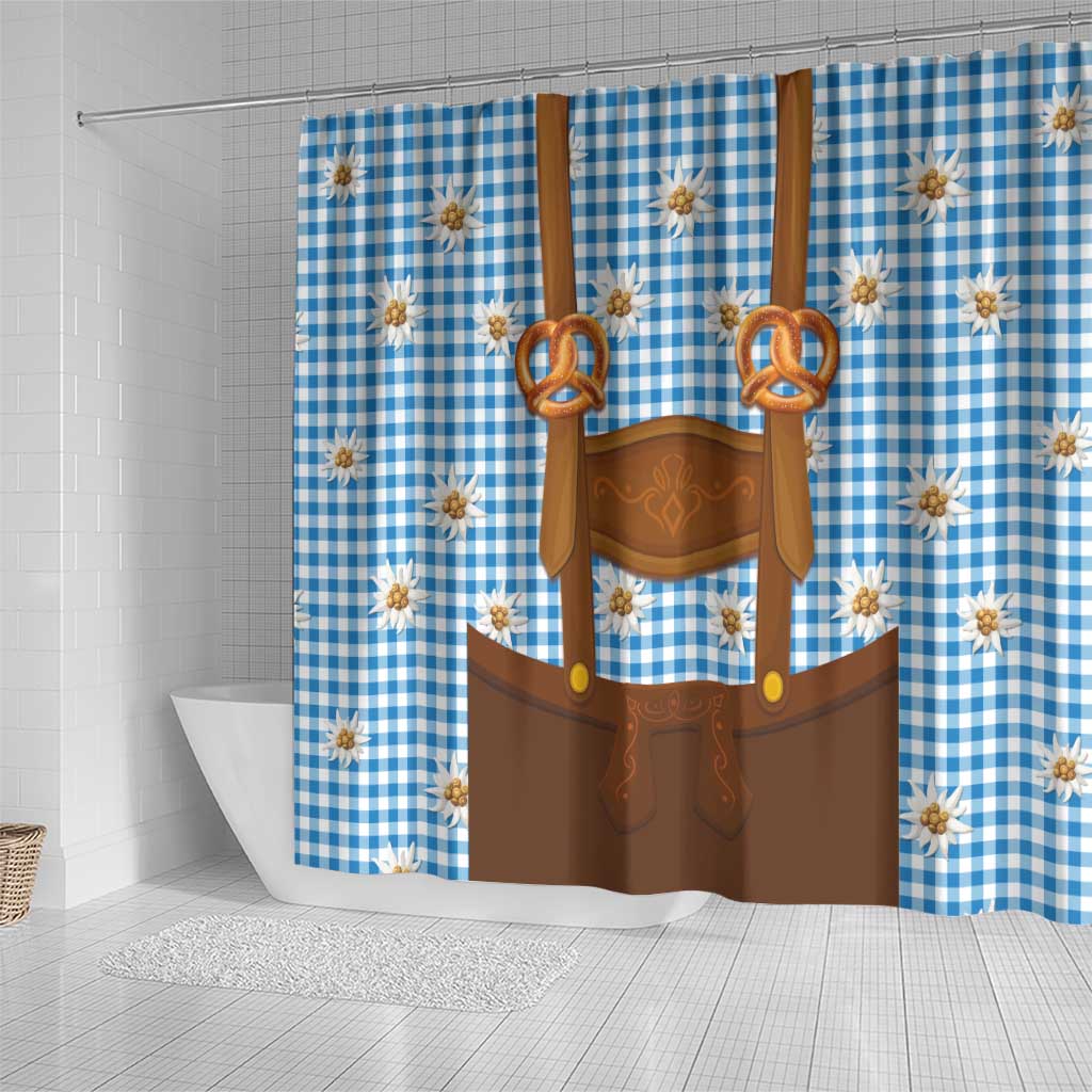 Traditional German Costume - Lederhosen and Soft Pretzel Shower Curtain Red Plaid Pattern with Edelweiss Flowers LT03