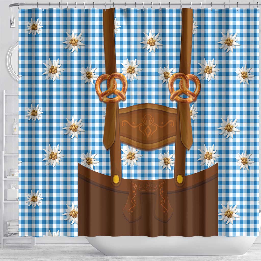 Traditional German Costume - Lederhosen and Soft Pretzel Shower Curtain Red Plaid Pattern with Edelweiss Flowers LT03