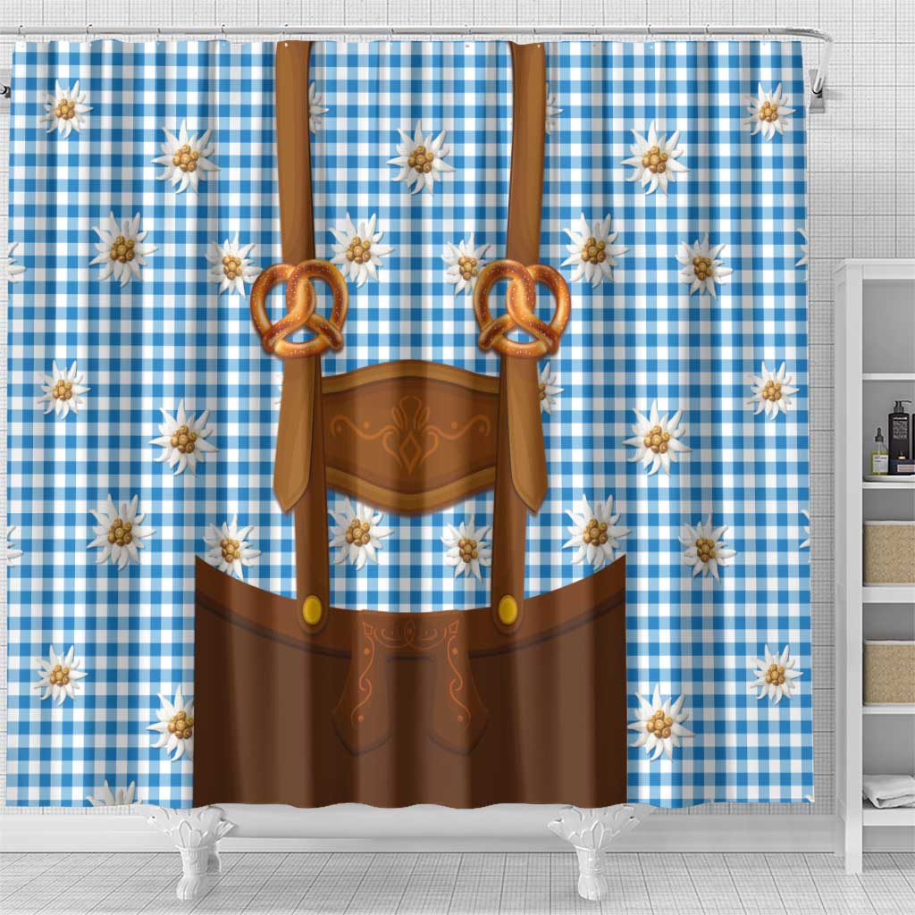 Traditional German Costume - Lederhosen and Soft Pretzel Shower Curtain Red Plaid Pattern with Edelweiss Flowers LT03
