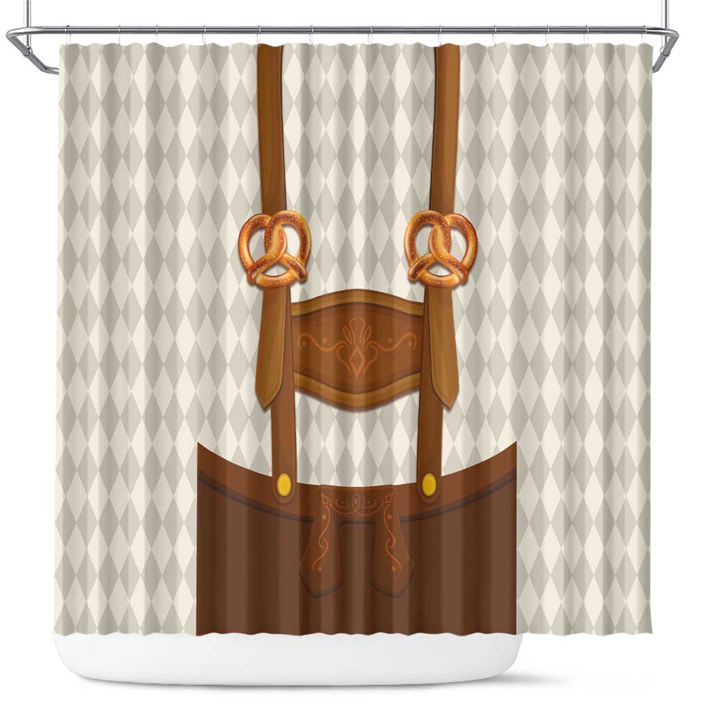 Traditional German Costume - Lederhosen and Soft Pretzel Shower Curtain Old Vintage Bavarian Pattern LT03