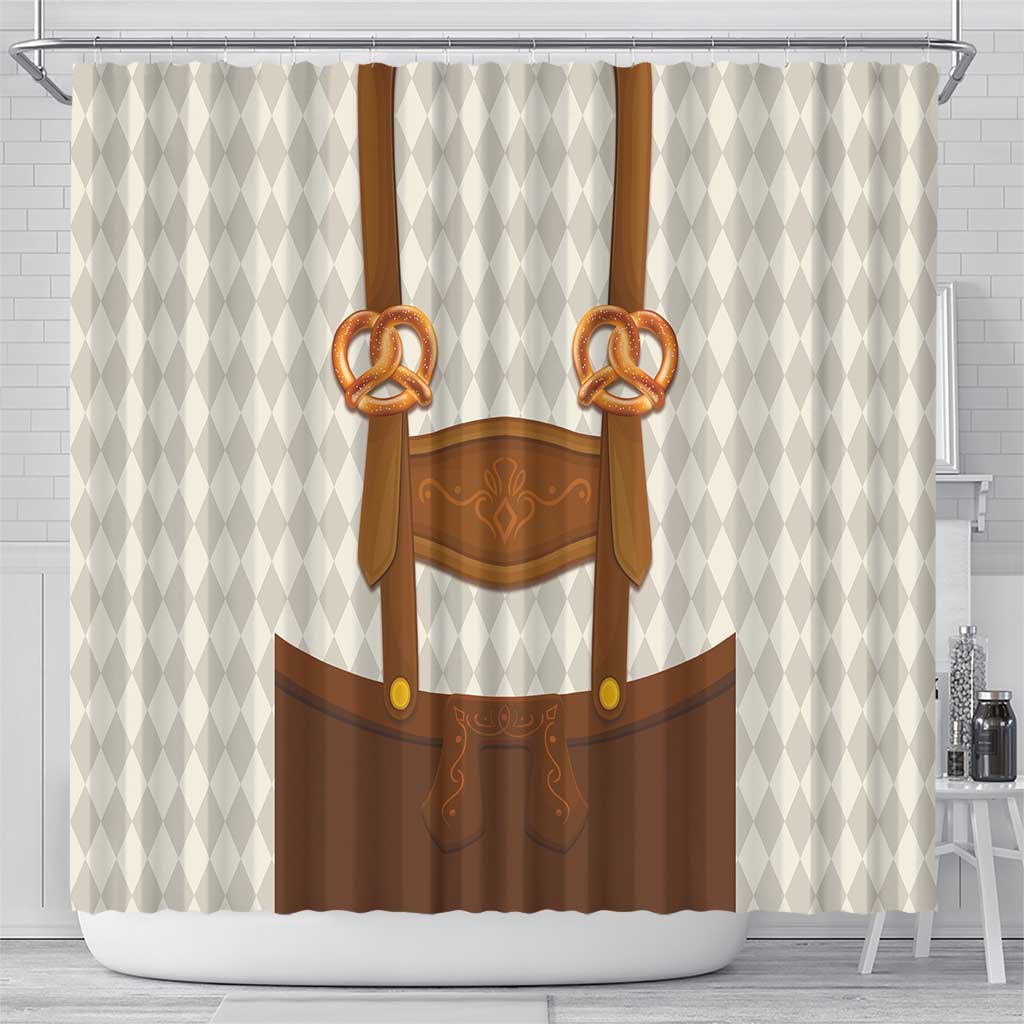Traditional German Costume - Lederhosen and Soft Pretzel Shower Curtain Old Vintage Bavarian Pattern LT03