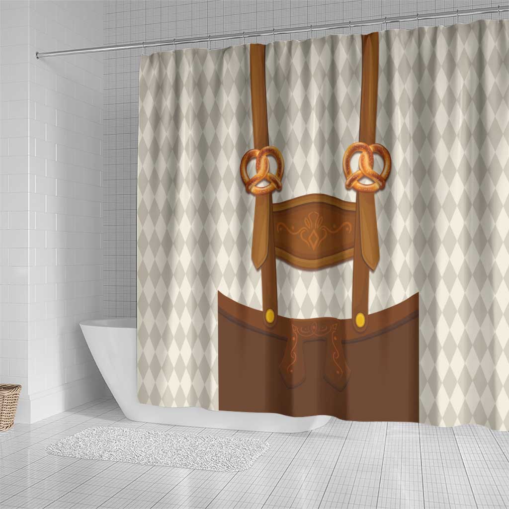Traditional German Costume - Lederhosen and Soft Pretzel Shower Curtain Old Vintage Bavarian Pattern LT03