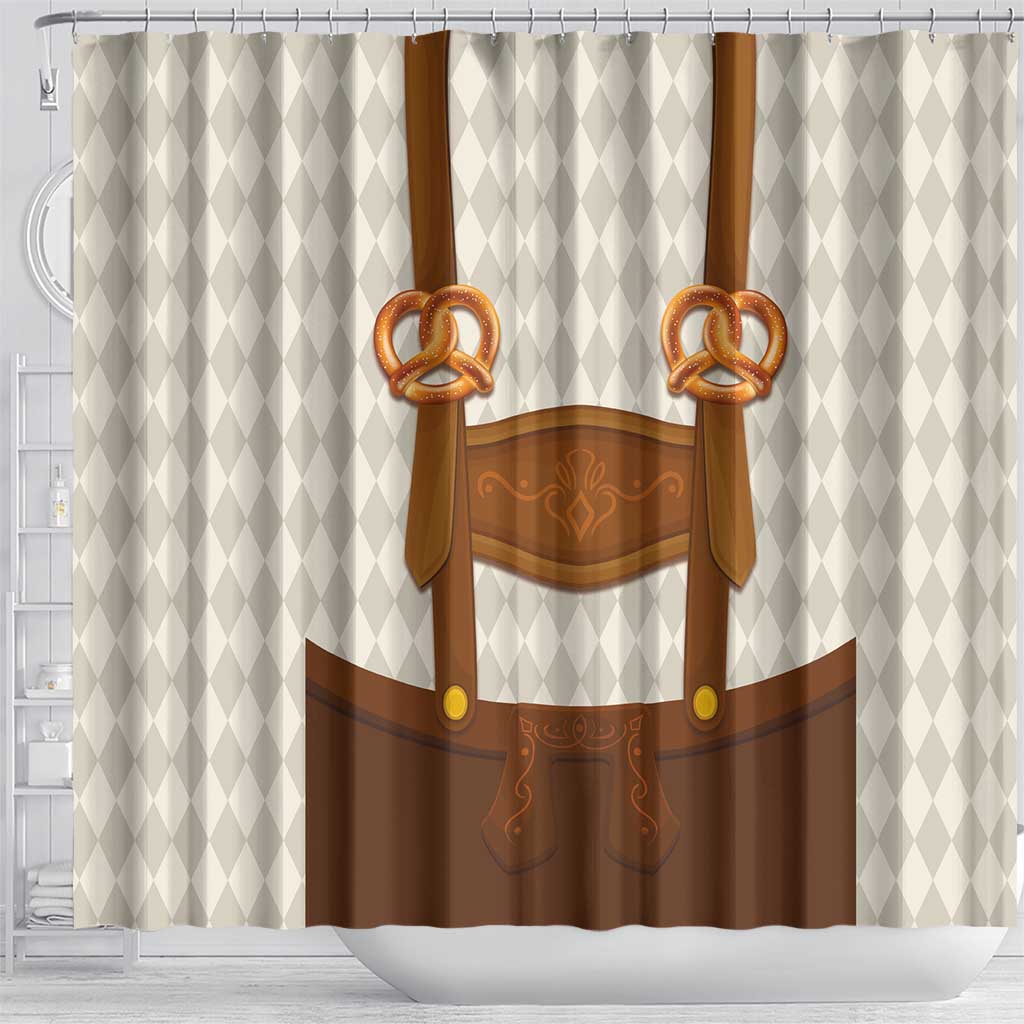 Traditional German Costume - Lederhosen and Soft Pretzel Shower Curtain Old Vintage Bavarian Pattern LT03