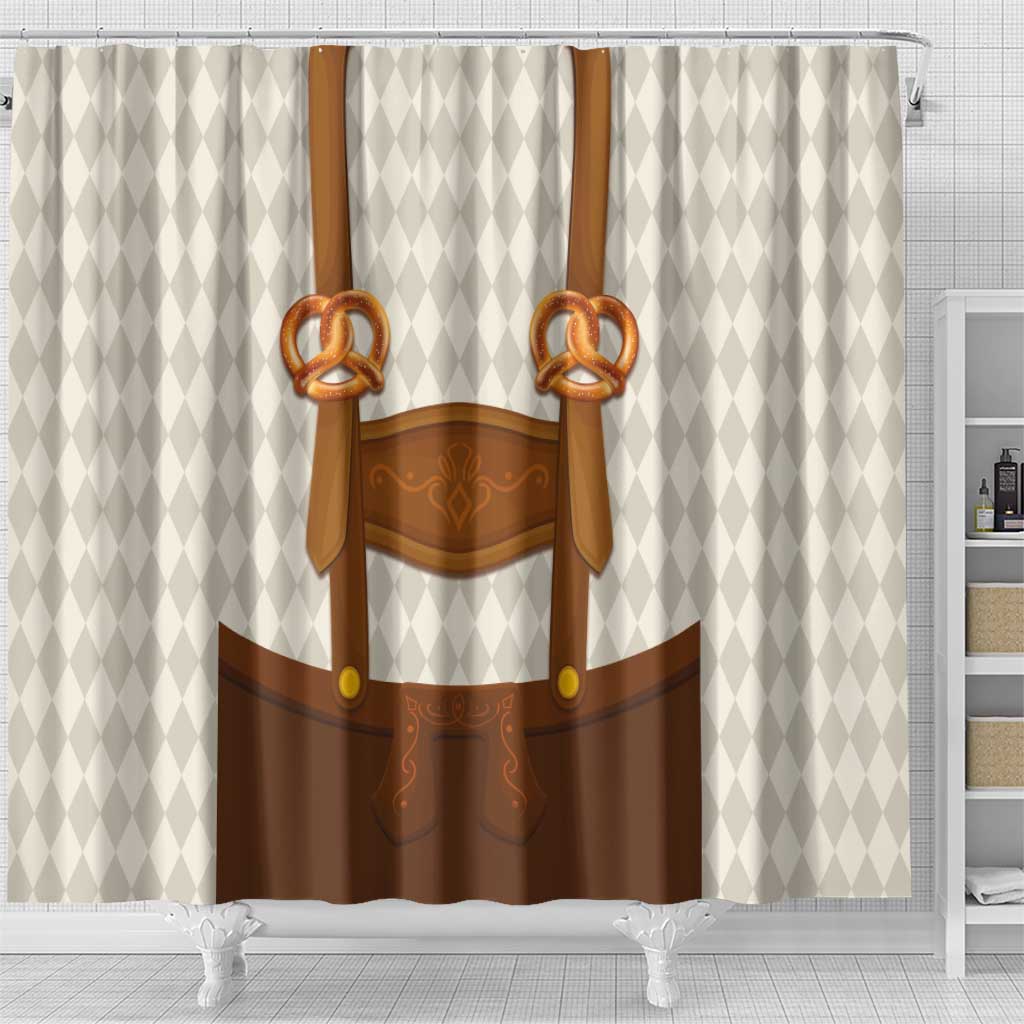 Traditional German Costume - Lederhosen and Soft Pretzel Shower Curtain Old Vintage Bavarian Pattern LT03