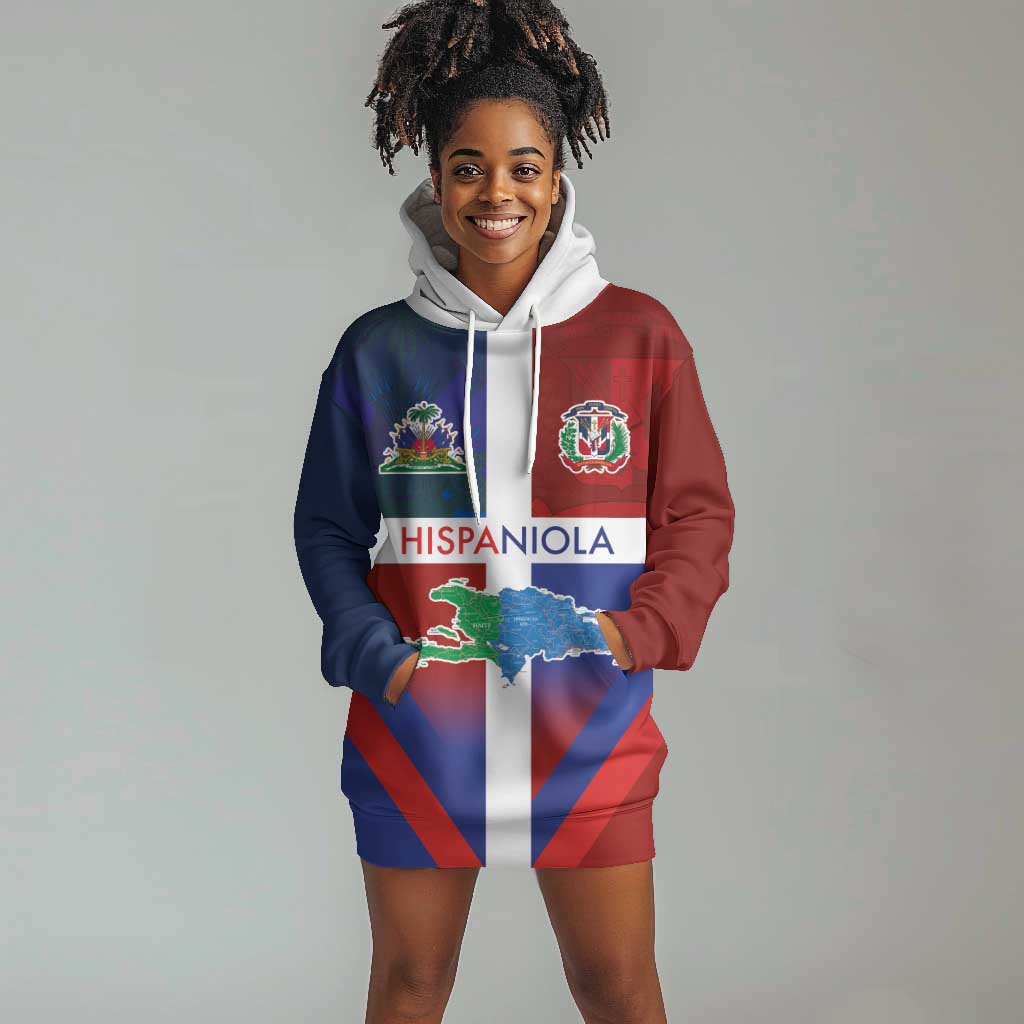 Hispaniola Hoodie Dress Haiti and Dominican Republic Emblems and Flag Style LT03
