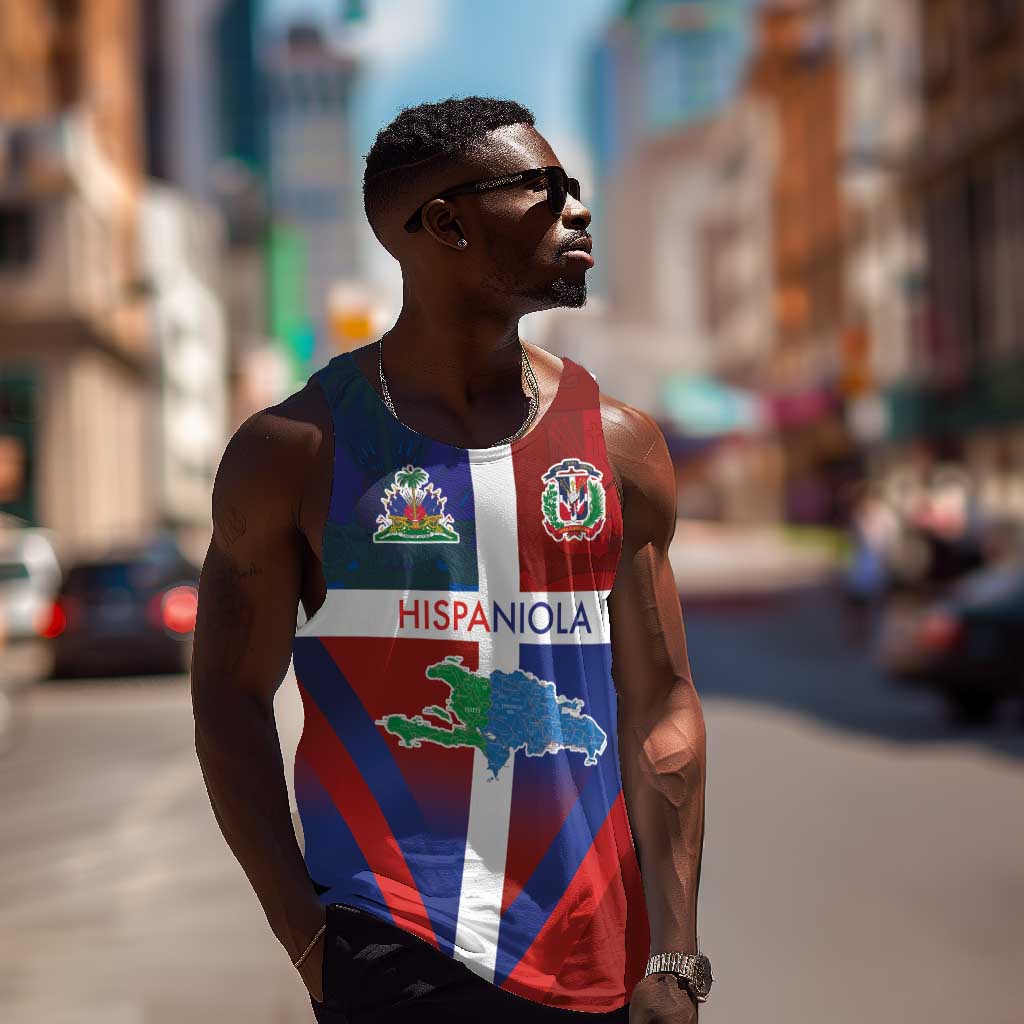 Hispaniola Men Tank Top Haiti and Dominican Republic Emblems and Flag Style LT03