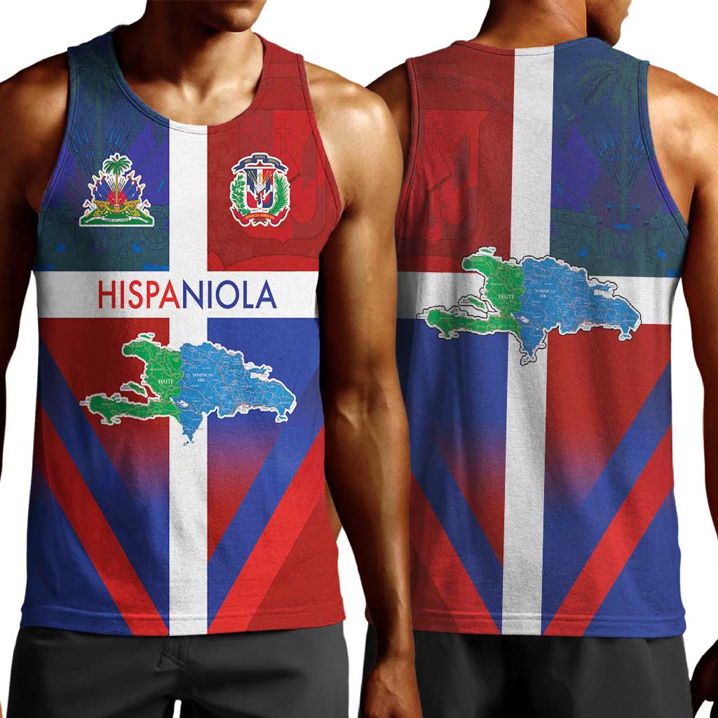 Hispaniola Men Tank Top Haiti and Dominican Republic Emblems and Flag Style LT03