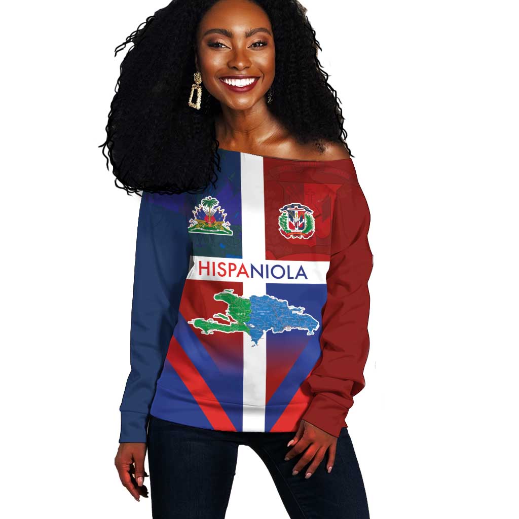 Hispaniola Off Shoulder Sweater Haiti and Dominican Republic Emblems and Flag Style LT03