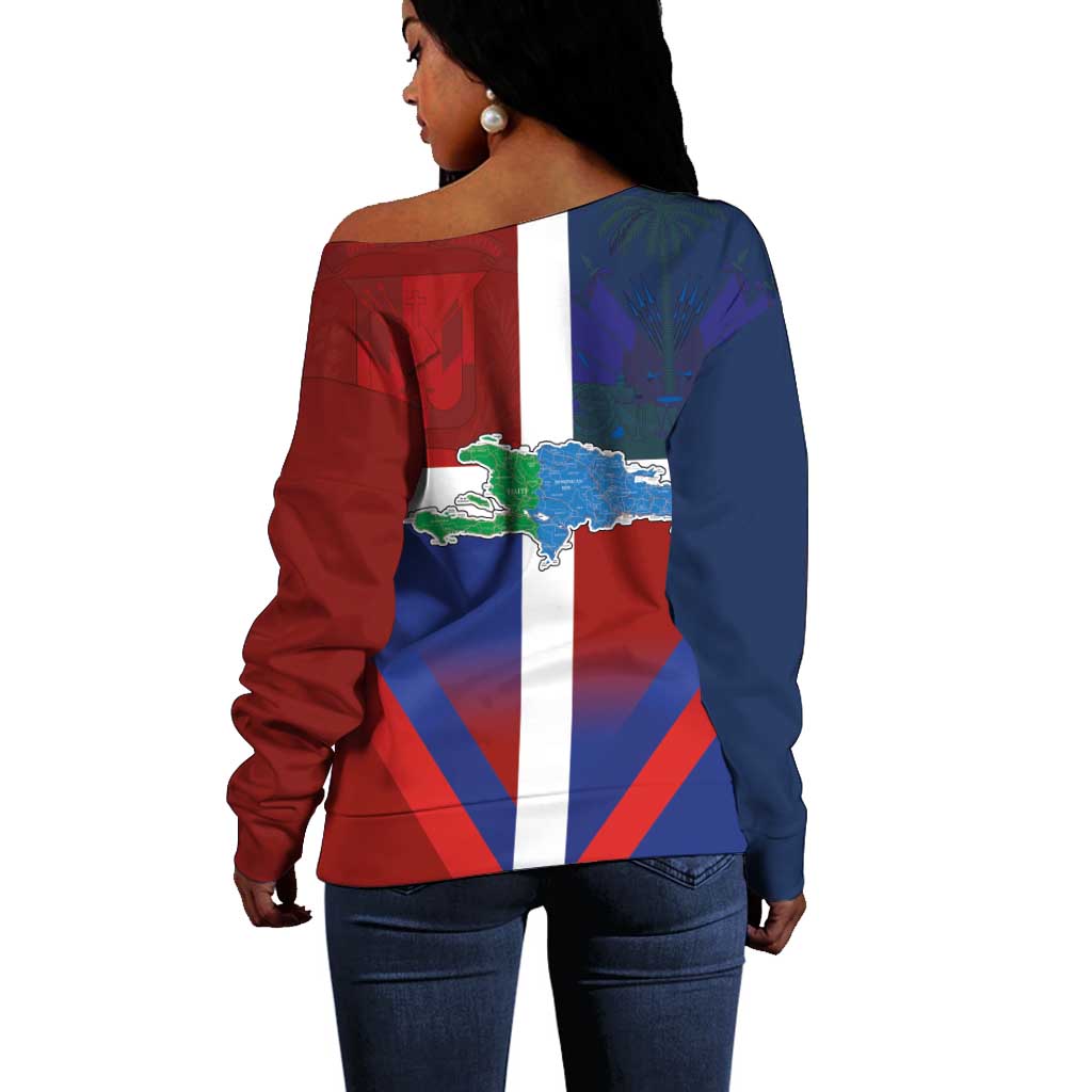 Hispaniola Off Shoulder Sweater Haiti and Dominican Republic Emblems and Flag Style LT03