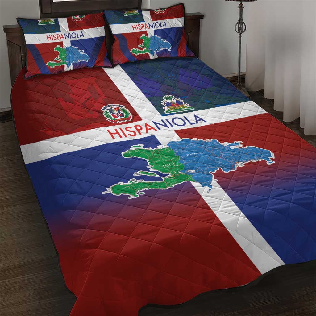 Hispaniola Quilt Bed Set Haiti and Dominican Republic Emblems and Flag Style LT03