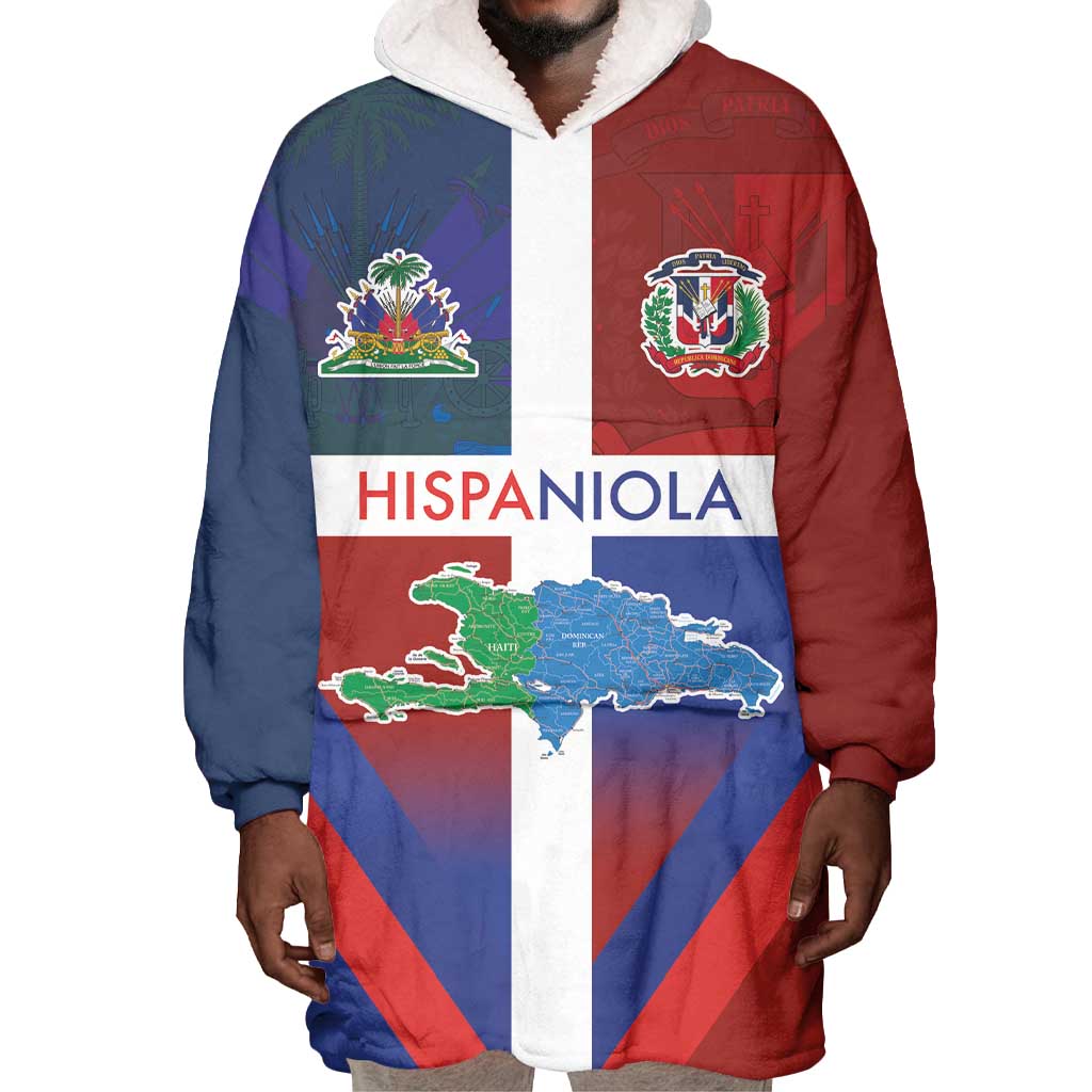 Hispaniola Wearable Blanket Hoodie Haiti and Dominican Republic Emblems and Flag Style LT03