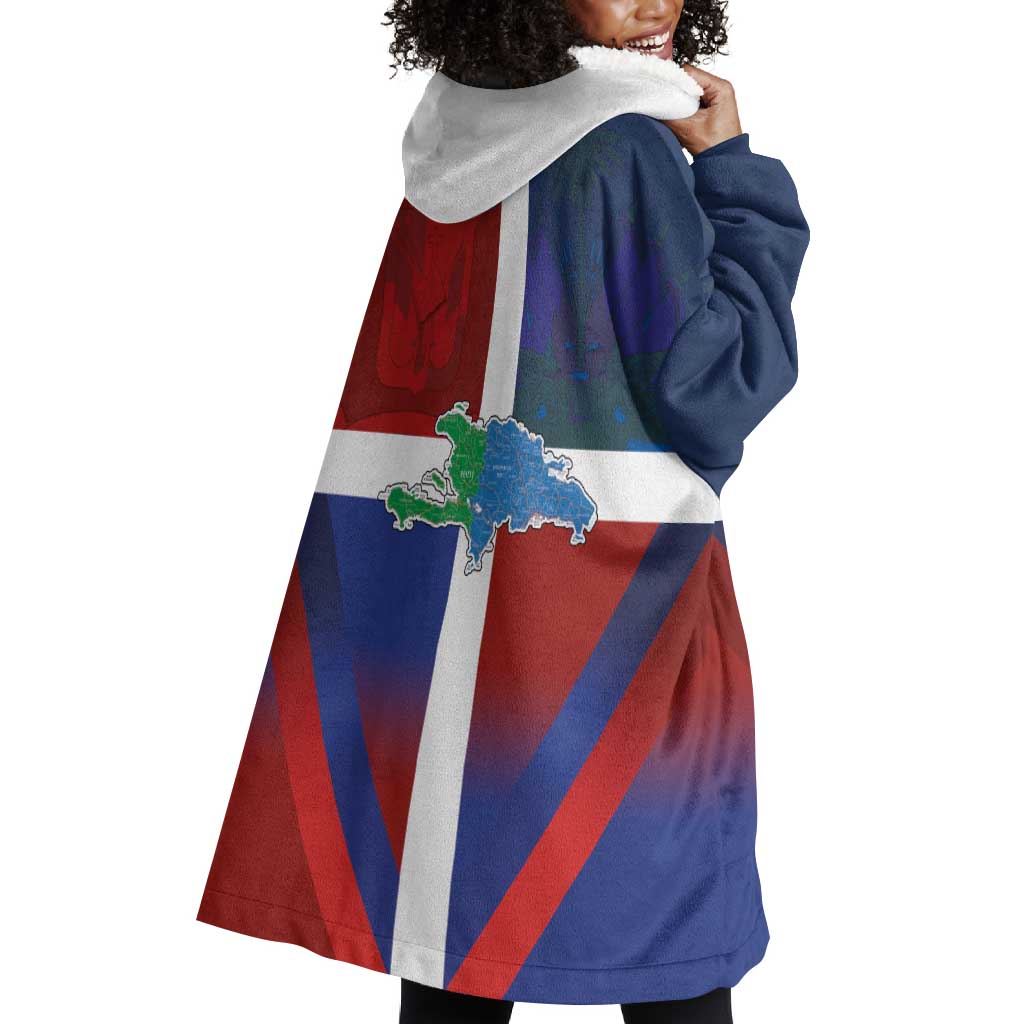 Hispaniola Wearable Blanket Hoodie Haiti and Dominican Republic Emblems and Flag Style LT03