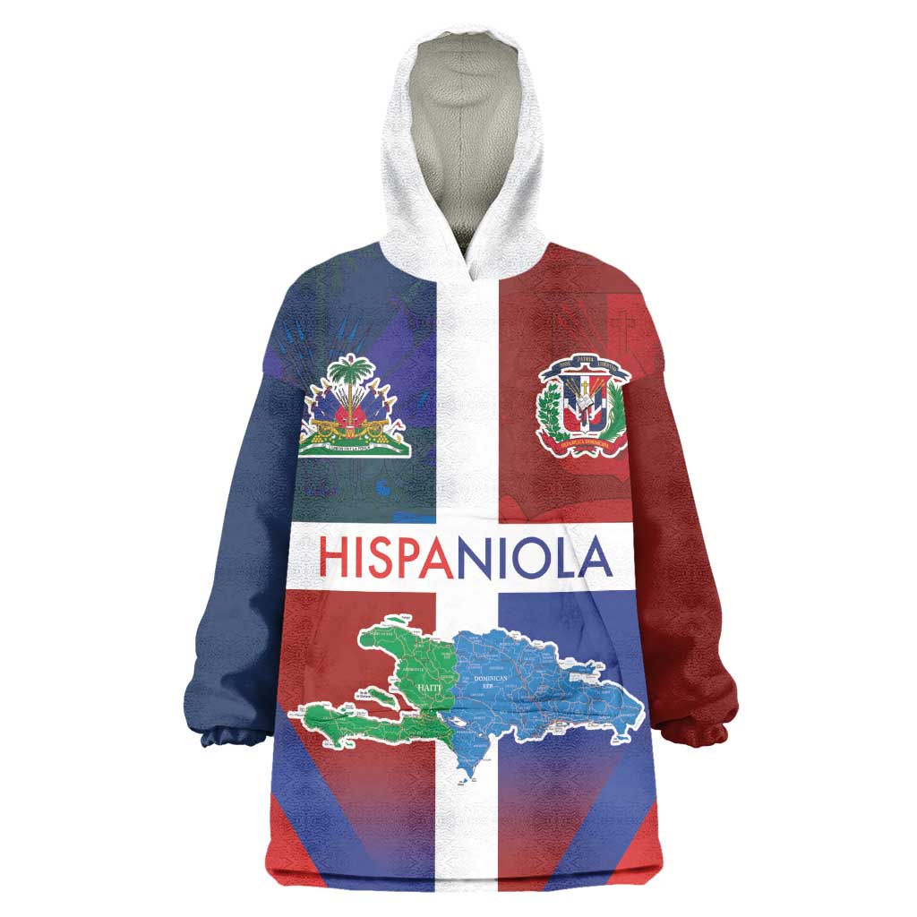 Hispaniola Wearable Blanket Hoodie Haiti and Dominican Republic Emblems and Flag Style LT03
