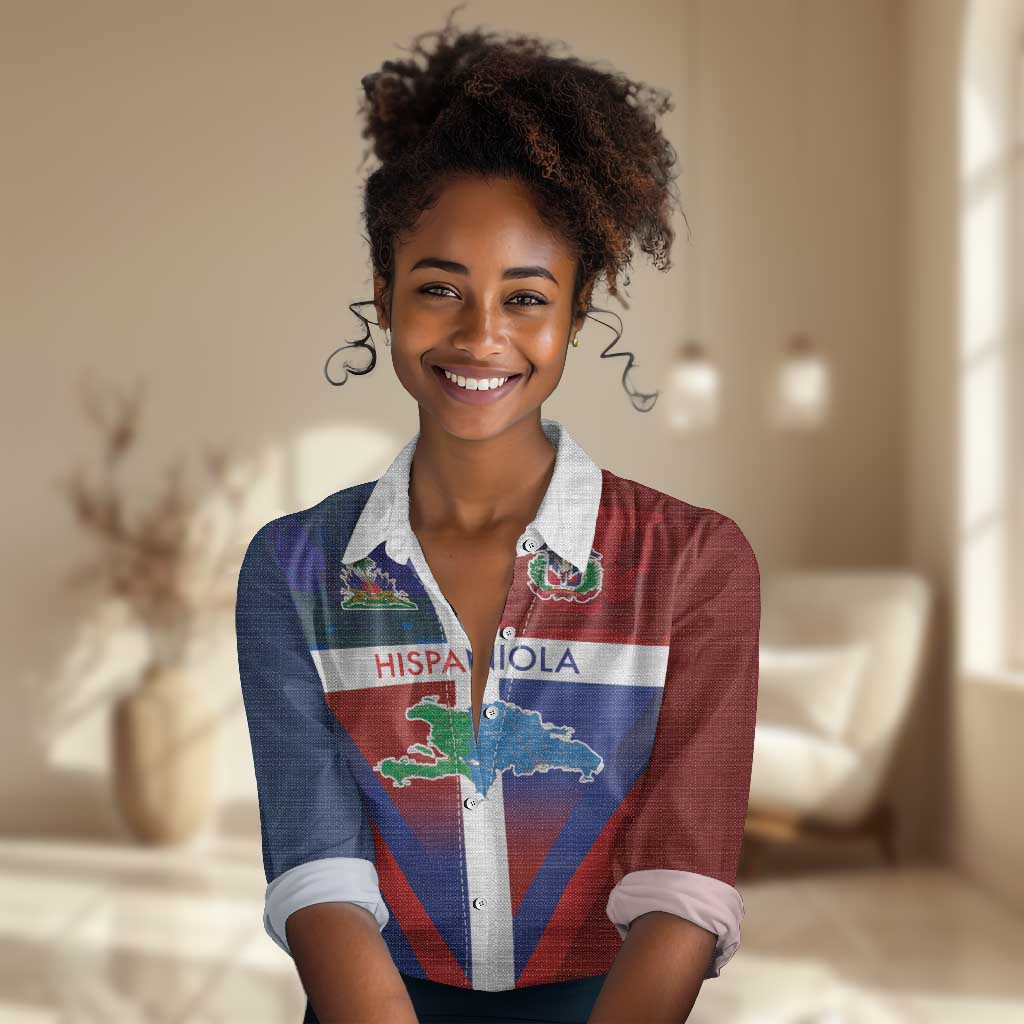 Hispaniola Women Casual Shirt Haiti and Dominican Republic Emblems and Flag Style LT03