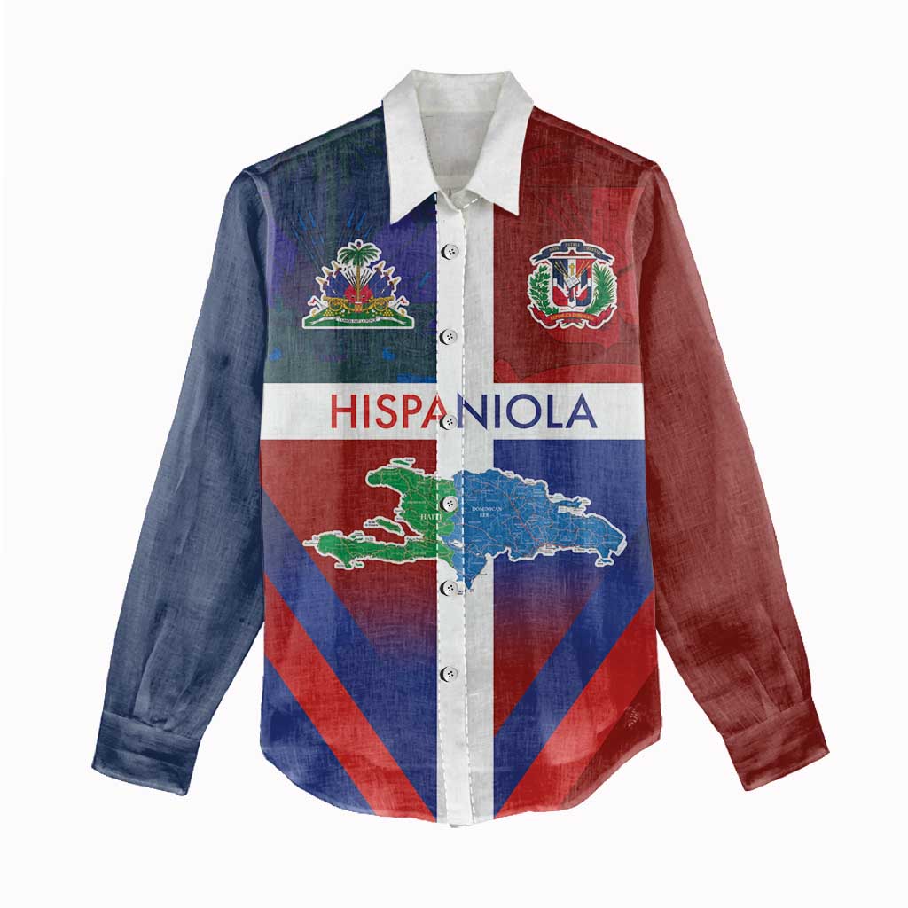 Hispaniola Women Casual Shirt Haiti and Dominican Republic Emblems and Flag Style LT03