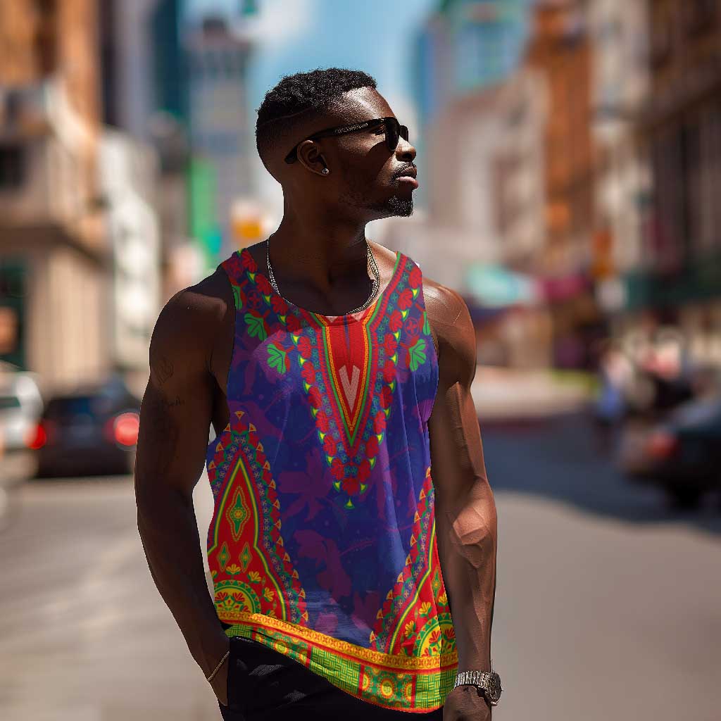 Haiti Men Tank Top Choeblack Dashiki Style Blue Color LT03