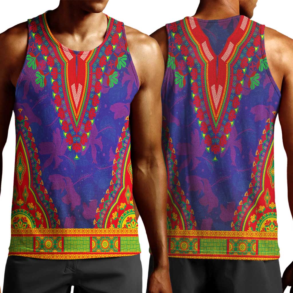 Haiti Men Tank Top Choeblack Dashiki Style Blue Color LT03