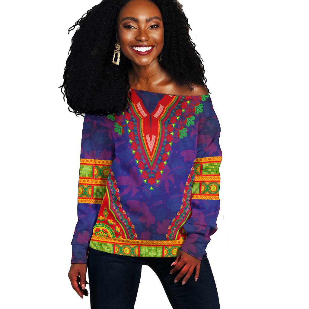 Haiti Off Shoulder Sweater Choeblack Dashiki Style Blue Color LT03