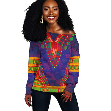 Haiti Off Shoulder Sweater Choeblack Dashiki Style Blue Color LT03