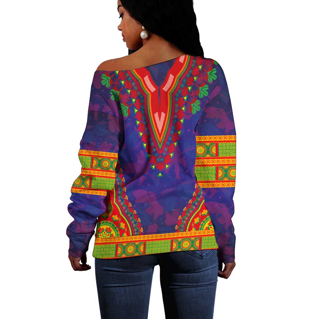 Haiti Off Shoulder Sweater Choeblack Dashiki Style Blue Color LT03
