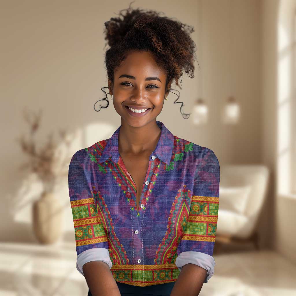 Haiti Women Casual Shirt Choeblack Dashiki Style Blue Color LT03