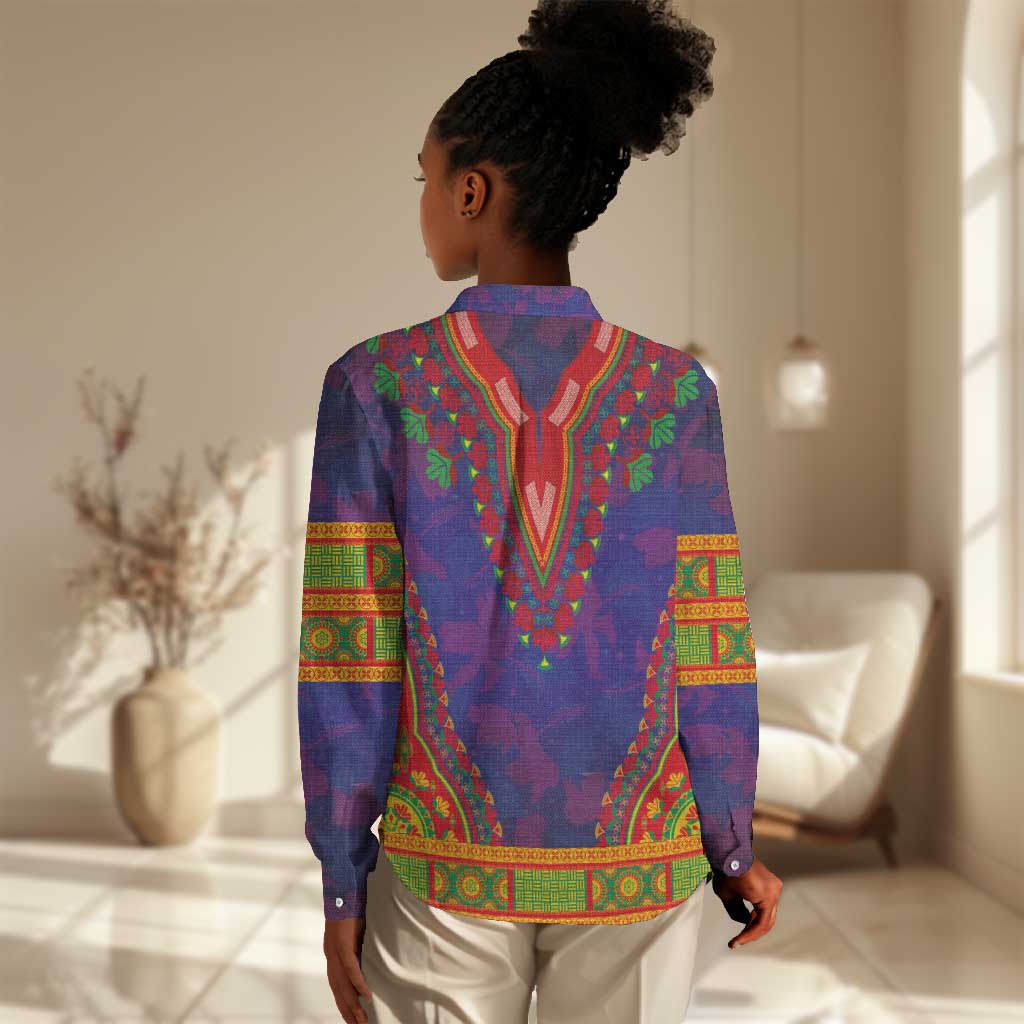 Haiti Women Casual Shirt Choeblack Dashiki Style Blue Color LT03