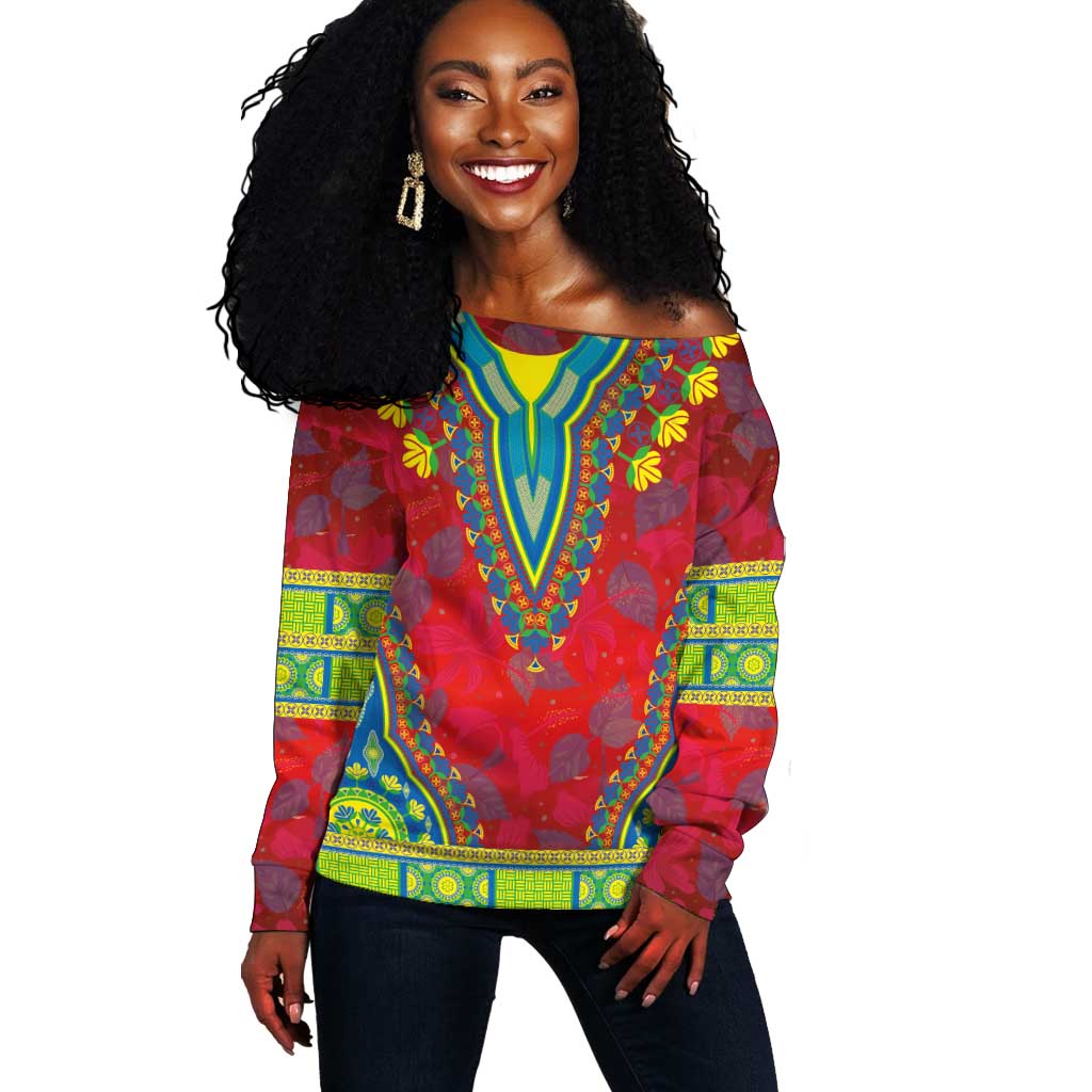 Haiti Off Shoulder Sweater Choeblack Dashiki Style Red Color LT03