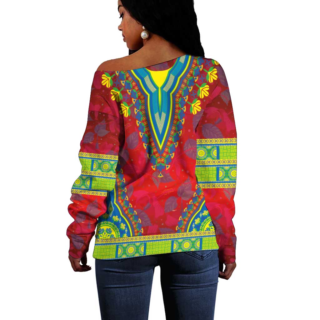 Haiti Off Shoulder Sweater Choeblack Dashiki Style Red Color LT03