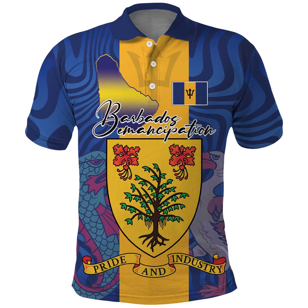 Personalised Barbados Emancipation Day Polo Shirt Coat of Arms and Map National Flag Style LT03