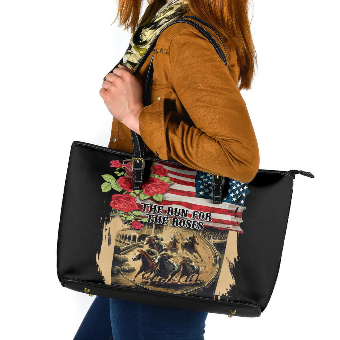 The First Kentucky Horse Racing Leather Tote Bag Since 1875 American Flag Vintage Style LT03