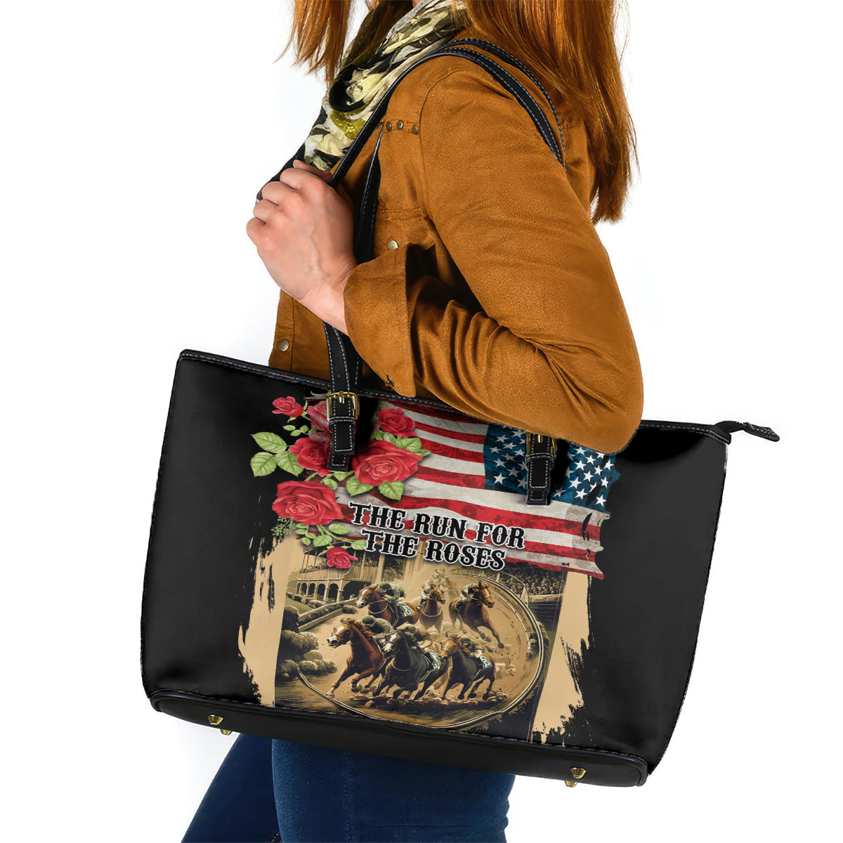 The First Kentucky Horse Racing Leather Tote Bag Since 1875 American Flag Vintage Style LT03