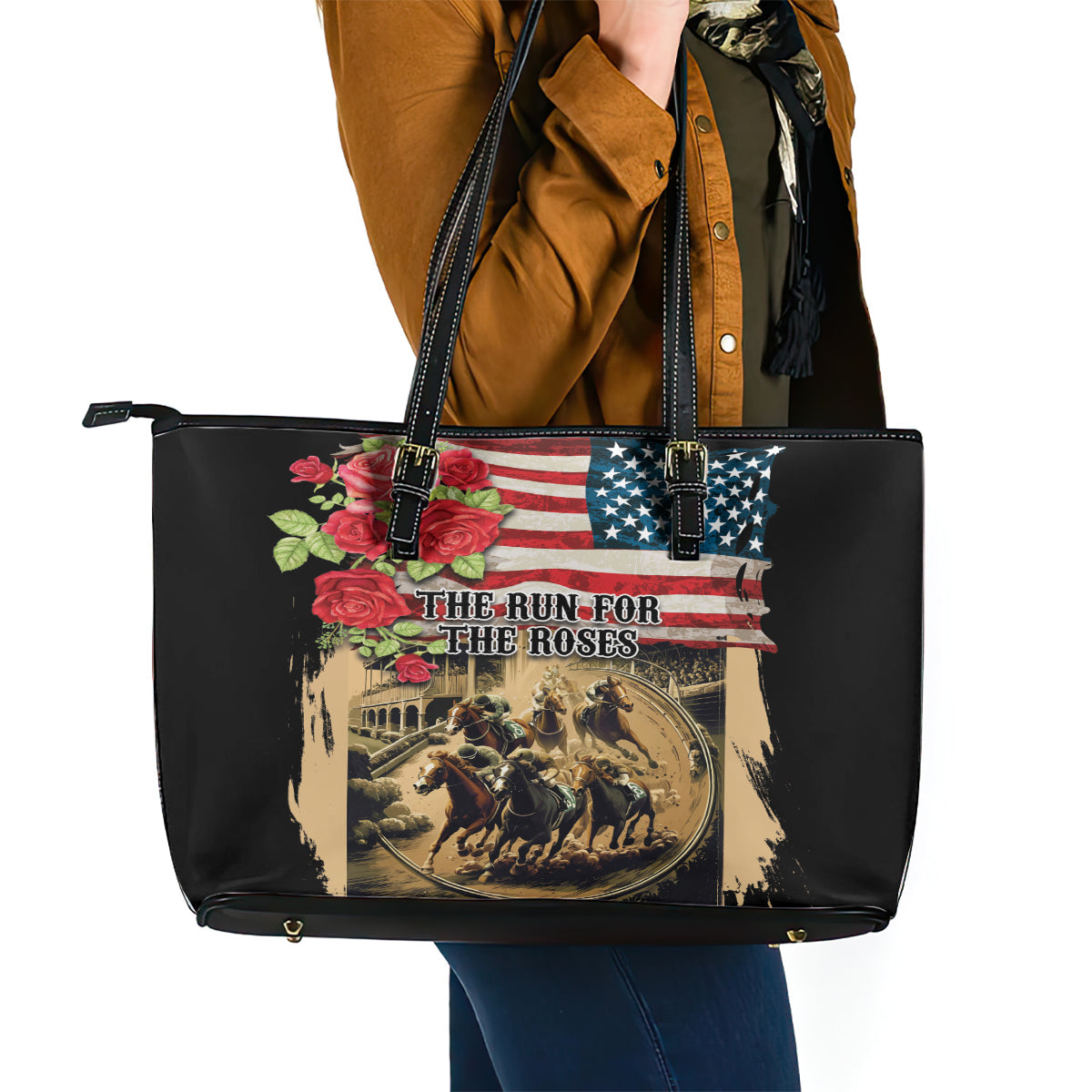 The First Kentucky Horse Racing Leather Tote Bag Since 1875 American Flag Vintage Style LT03