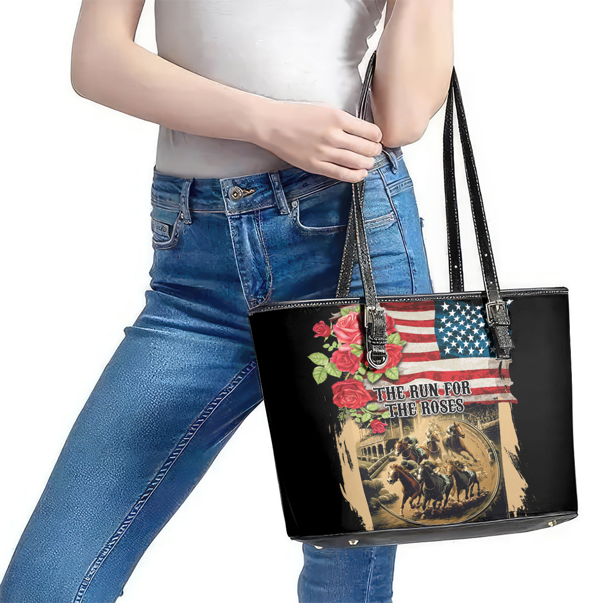 The First Kentucky Horse Racing Leather Tote Bag Since 1875 American Flag Vintage Style LT03
