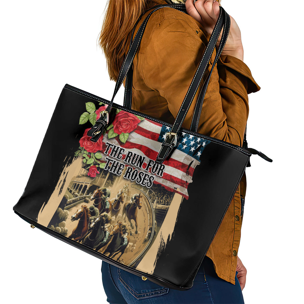 The First Kentucky Horse Racing Leather Tote Bag Since 1875 American Flag Vintage Style LT03
