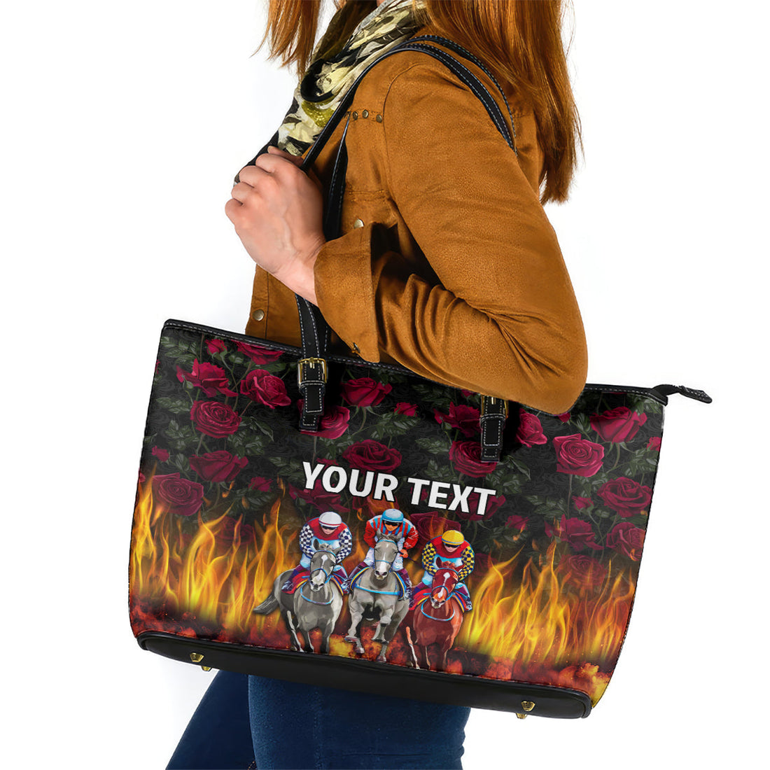 Personalized Kentucky Horses Racing Leather Tote Bag Race For Burning Roses LT03