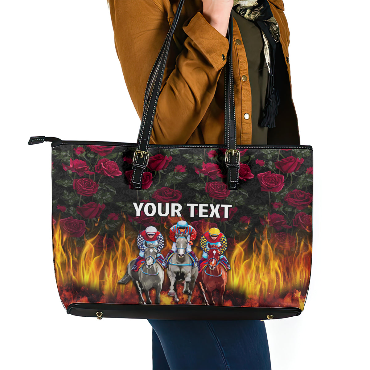 Personalized Kentucky Horses Racing Leather Tote Bag Race For Burning Roses LT03