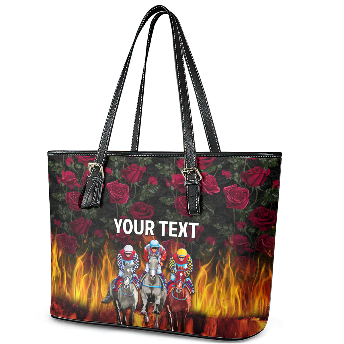 Personalized Kentucky Horses Racing Leather Tote Bag Race For Burning Roses LT03