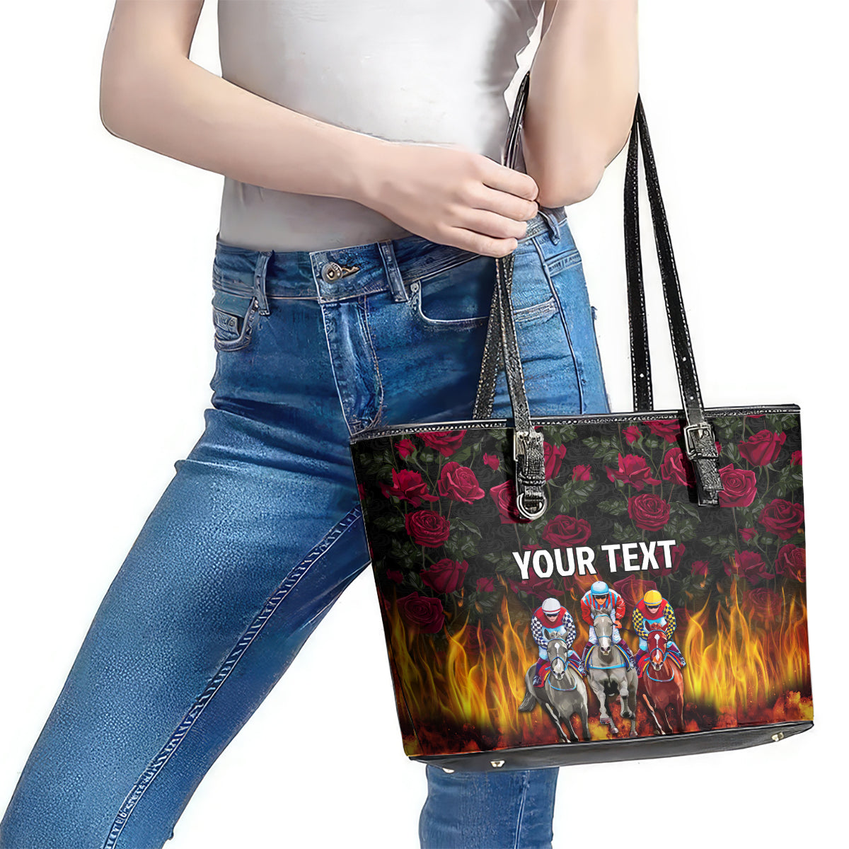 Personalized Kentucky Horses Racing Leather Tote Bag Race For Burning Roses LT03