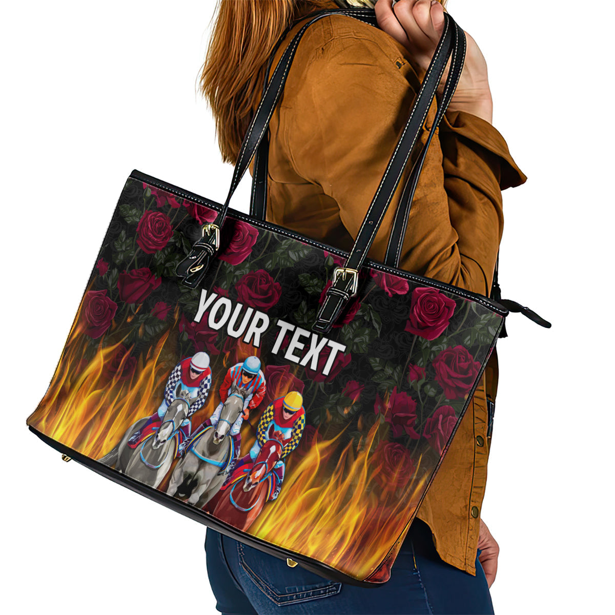 Personalized Kentucky Horses Racing Leather Tote Bag Race For Burning Roses LT03
