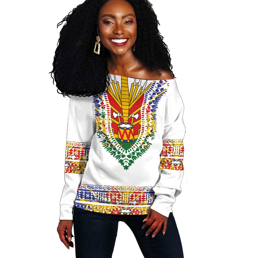 Haiti Flag Off Shoulder Sweater Traditional Dashiki White Color LT03
