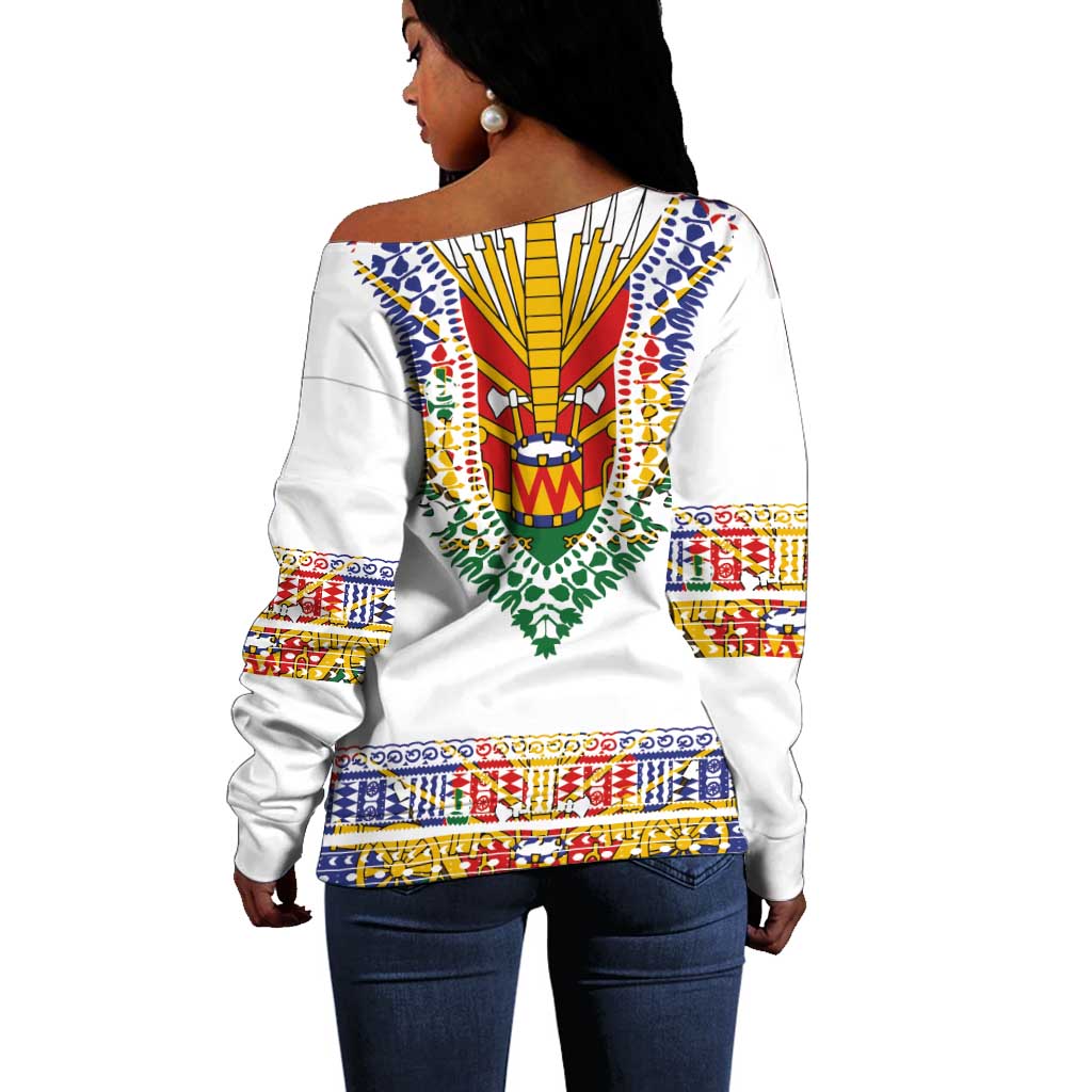 Haiti Flag Off Shoulder Sweater Traditional Dashiki White Color LT03