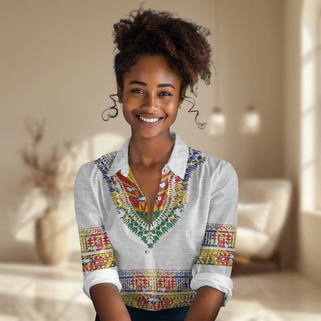 Haiti Flag Women Casual Shirt Traditional Dashiki White Color LT03