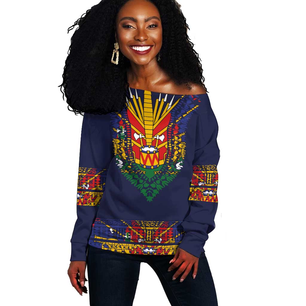 Haiti Flag Off Shoulder Sweater Traditional Dashiki Black Color LT03