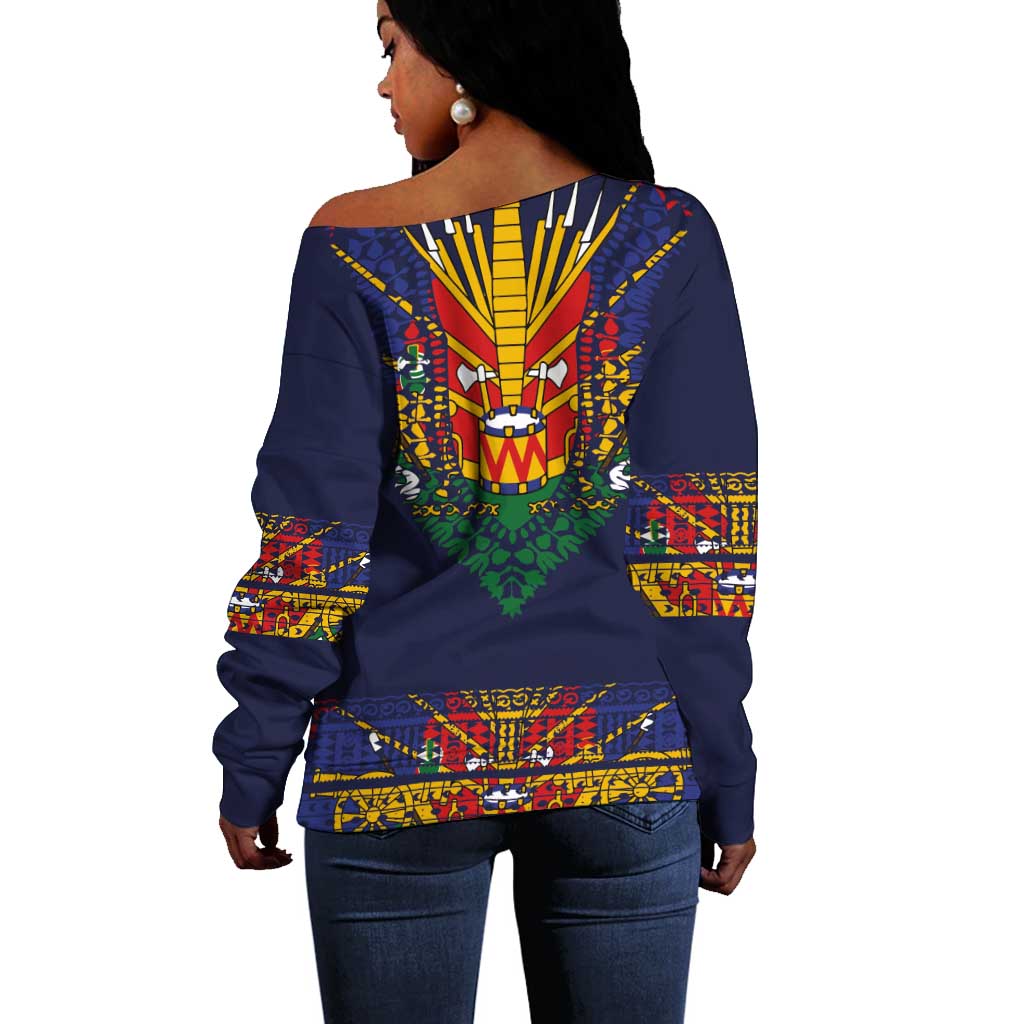 Haiti Flag Off Shoulder Sweater Traditional Dashiki Black Color LT03