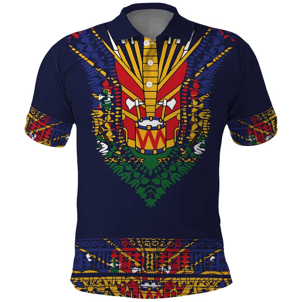 Haiti Flag Traditional Dashiki Polo Shirt Black Color LT03
