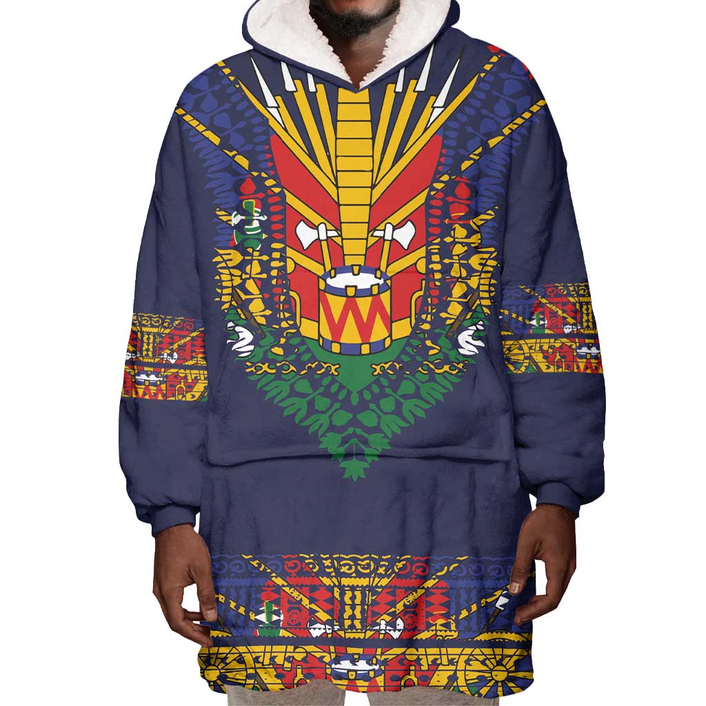 Haiti Flag Wearable Blanket Hoodie Traditional Dashiki Black Color LT03