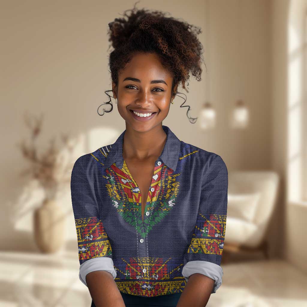 Haiti Flag Women Casual Shirt Traditional Dashiki Black Color LT03
