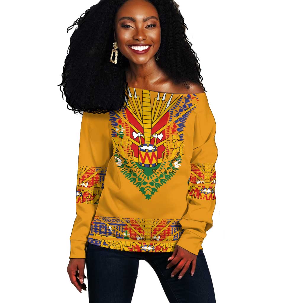 Haiti Flag Off Shoulder Sweater Traditional Dashiki Yellow Color LT03