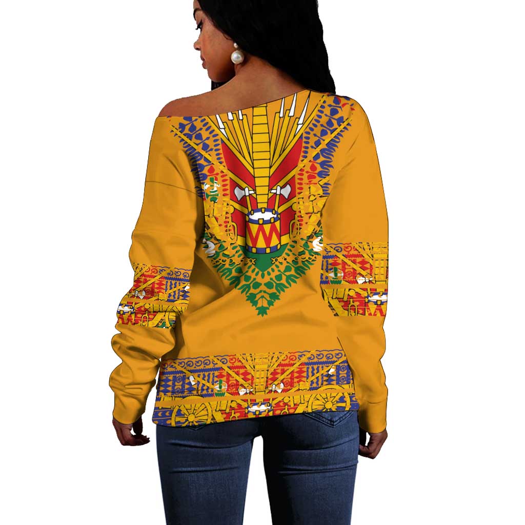 Haiti Flag Off Shoulder Sweater Traditional Dashiki Yellow Color LT03