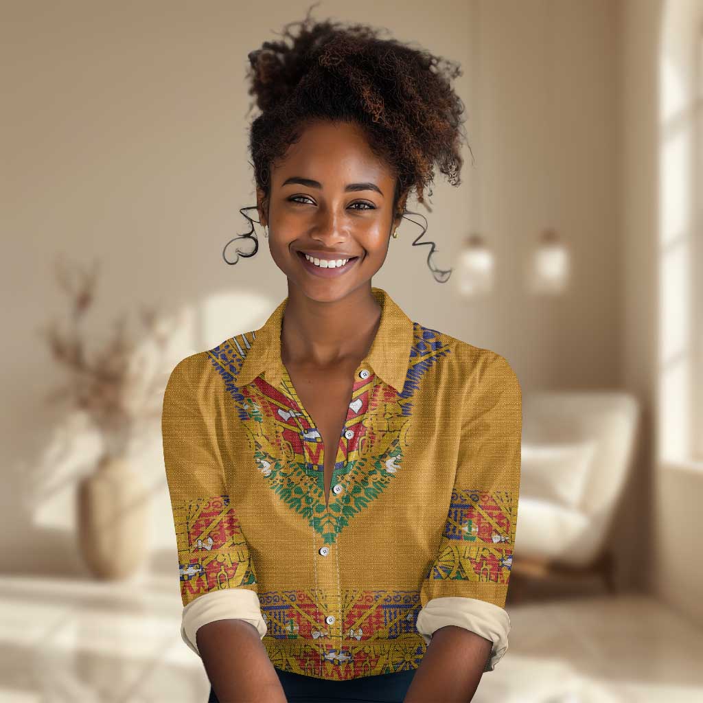 Haiti Flag Women Casual Shirt Traditional Dashiki Yellow Color LT03